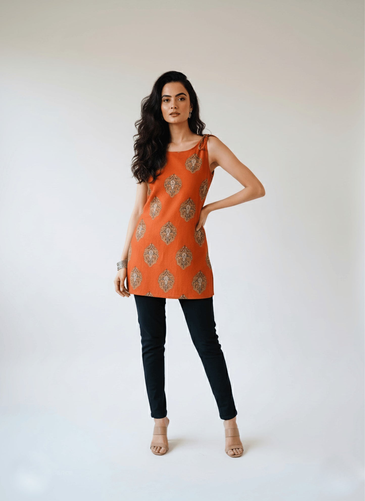 Rust Orange Block Print Sleeveless Cotton Kurti – Casual Ethnic Wear