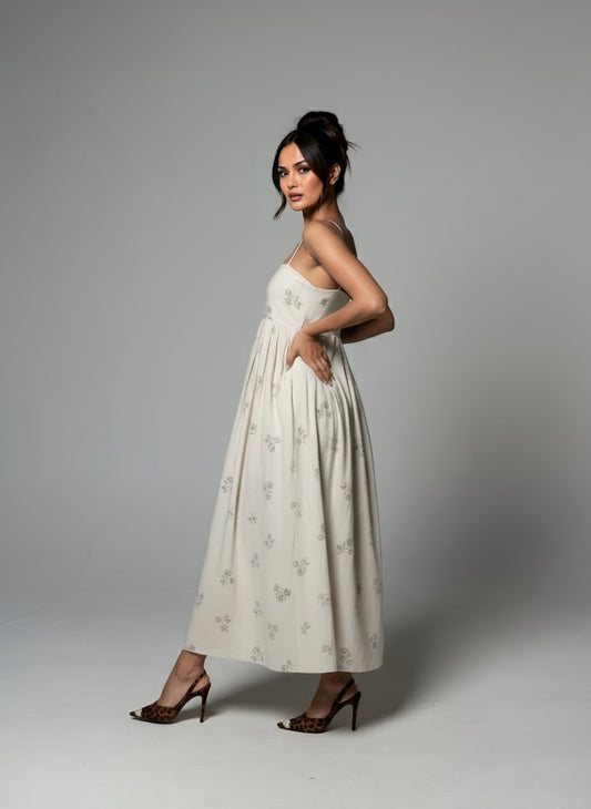 Folkiss Off-White Cotton Dress with Floral Print & Handy Side Pockets | Monsoon-Ready Indo-Fusion Wear