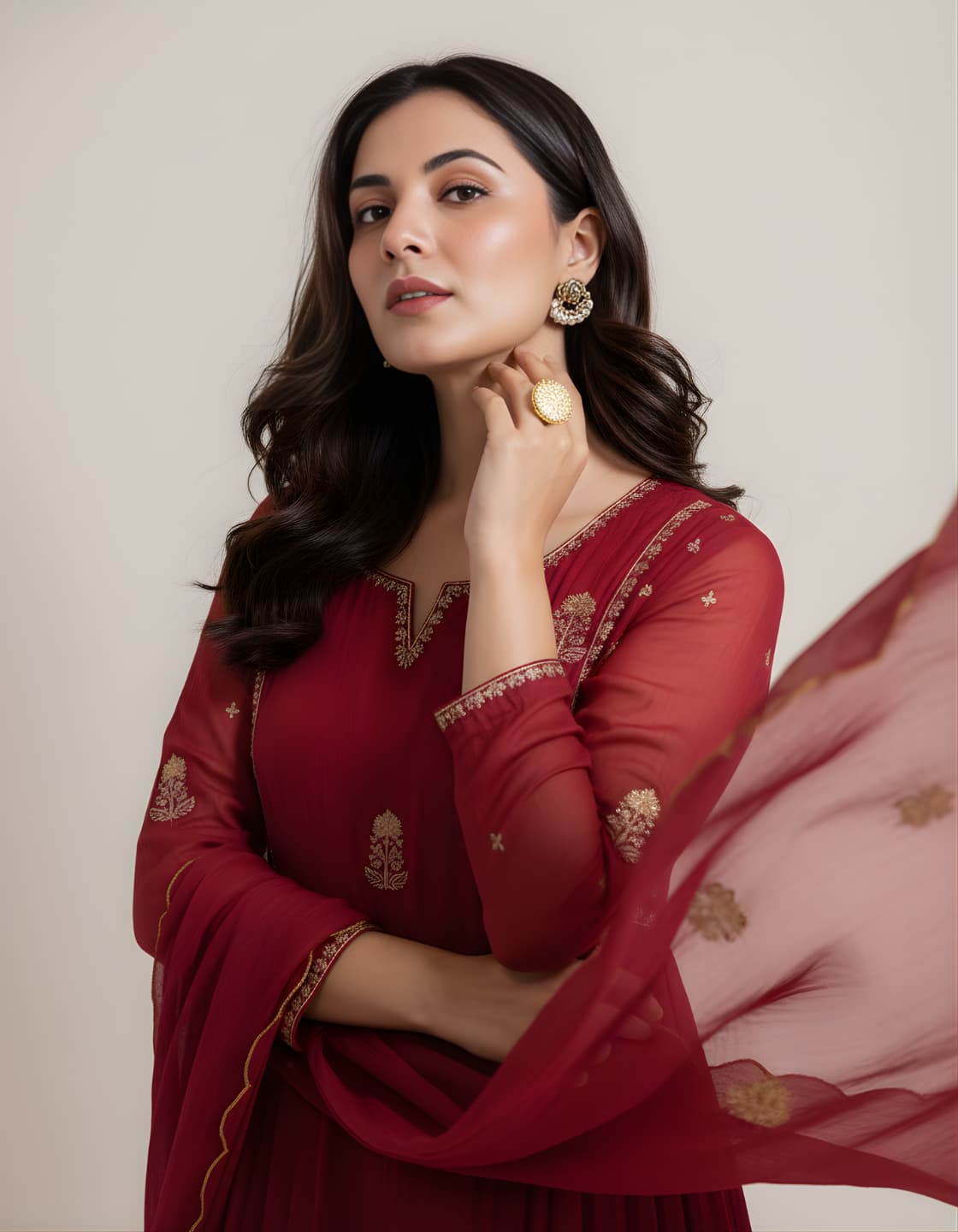 Folkiss Mal-Cotton Embroidered Anarkali Kurti Set — Wine Red · Mustard Gold | Kurti + Pants + Dupatta