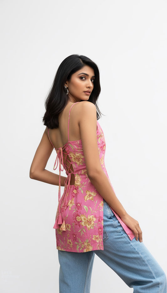 Folkiss Pink Floral Short Kurti / Tunic Top with V-Neck & Lace-Up Back | Sleeveless Cotton