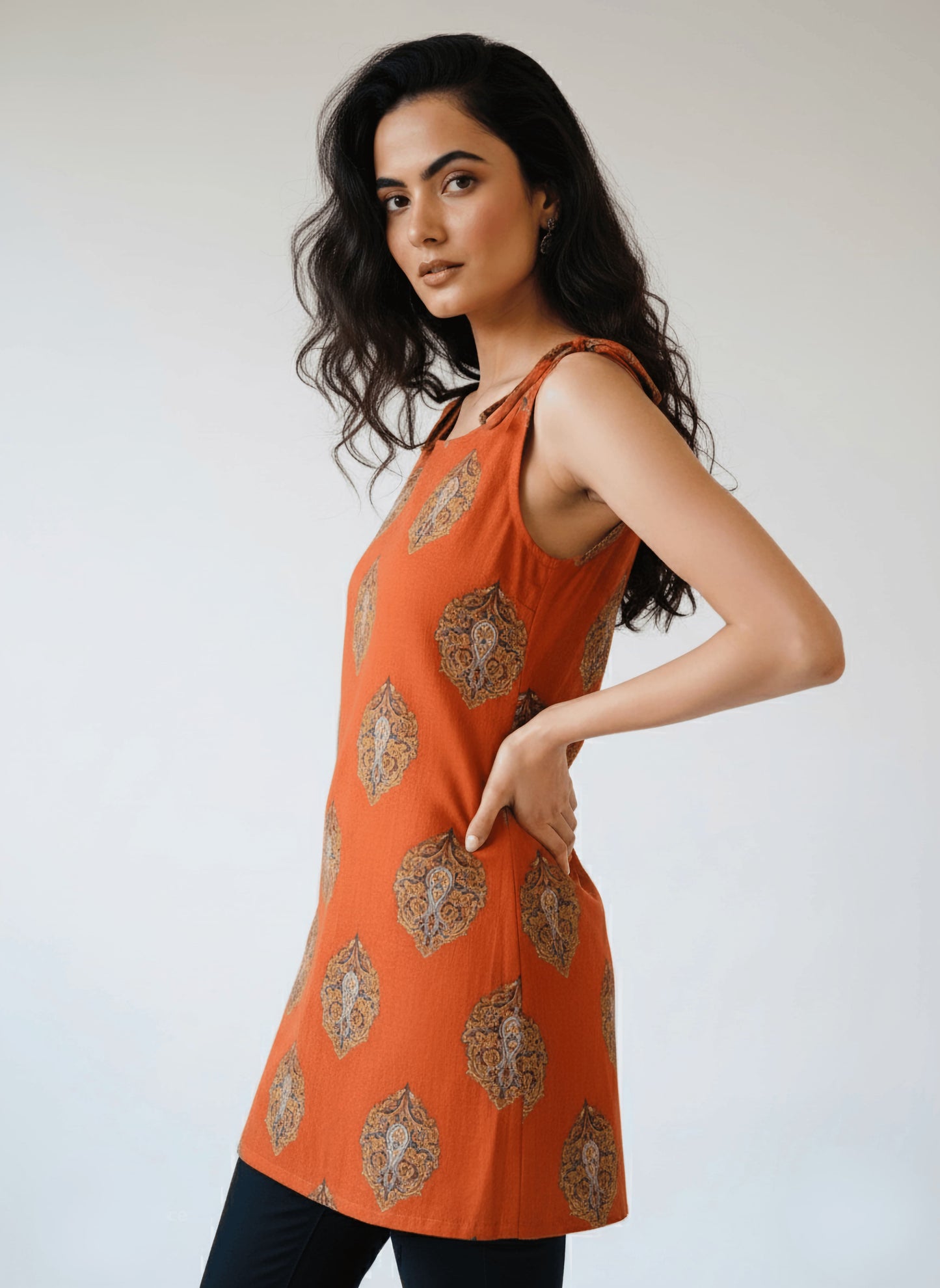 Rust Orange Block Print Sleeveless Cotton Kurti – Casual Ethnic Wear