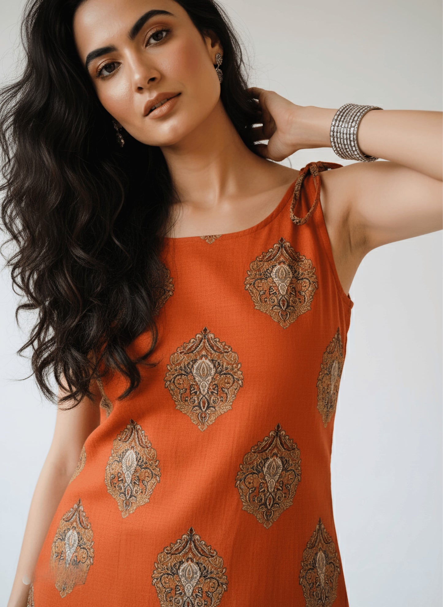 Rust Orange Block Print Sleeveless Cotton Kurti – Casual Ethnic Wear
