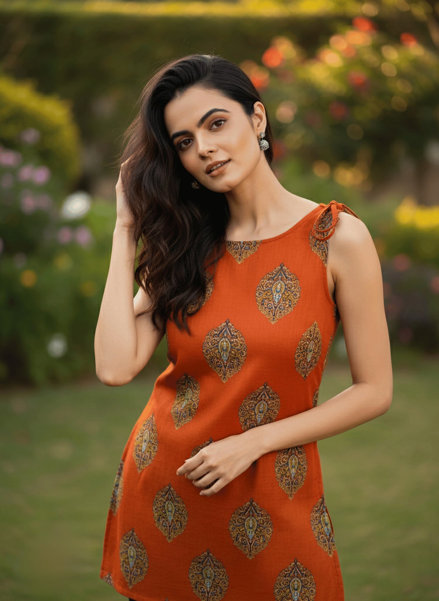 Rust Orange Block Print Sleeveless Cotton Kurti – Casual Ethnic Wear