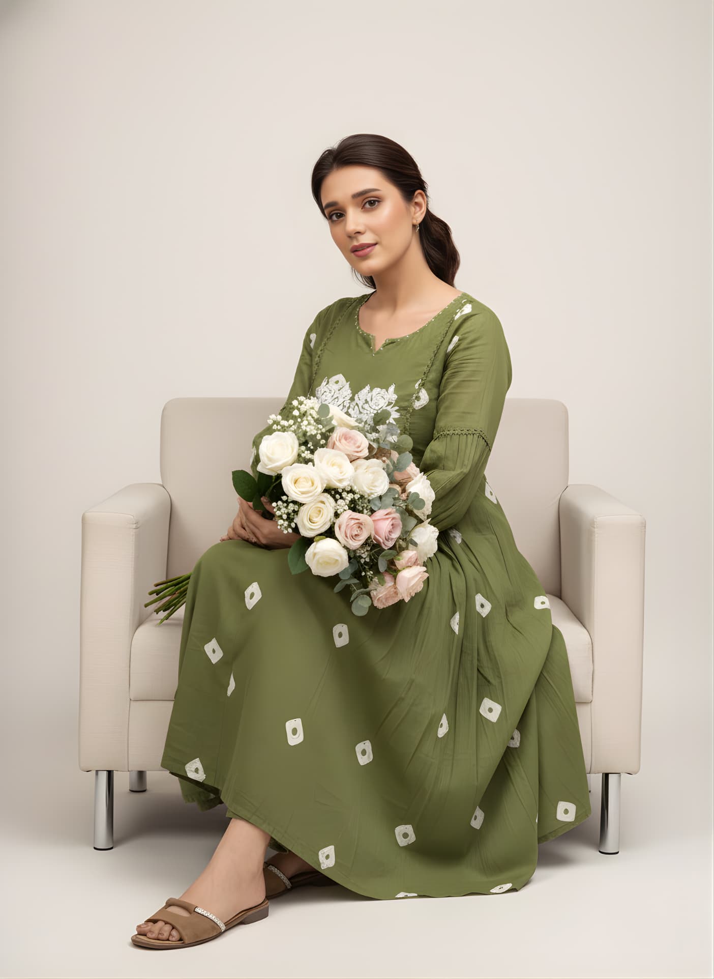 Folkiss Women’s Green Cotton Embroidered A-Line Kurti with Pant | Elegant Floral Work Ethnic Dress for Everyday & Festive Wear