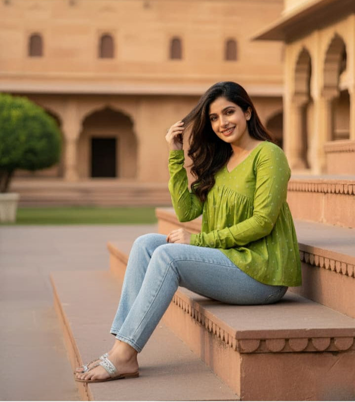 Woman in a green top and light blue jeans sitting on a stone ledge with a beige building in the background.
