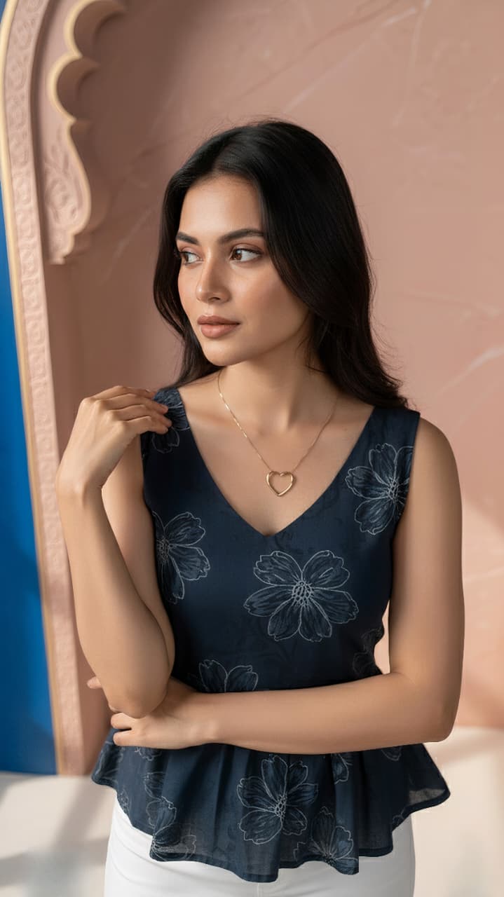 Navy Blue Floral Peplum Kurti – Sleeveless Cotton Comfort