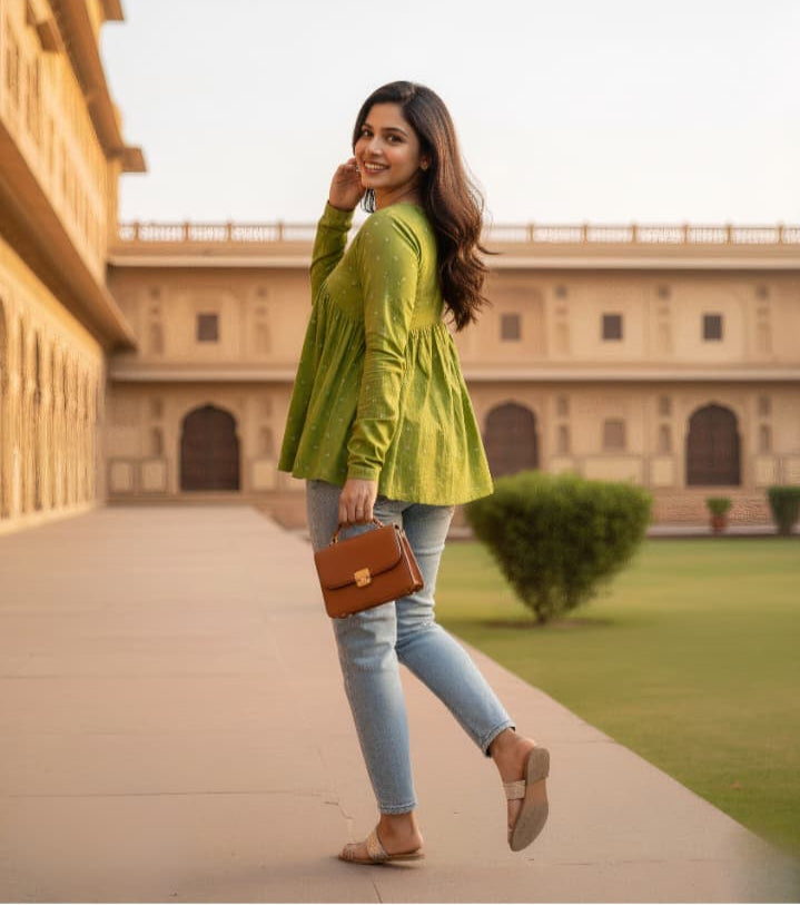 Woman in a green kurti and light blue jeans walking outdoors with a building in the background
