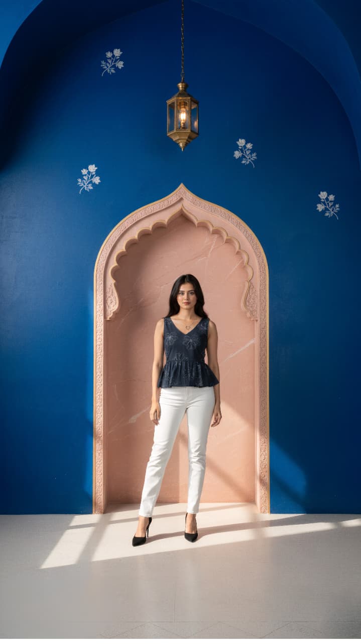 Navy Blue Floral Peplum Kurti – Sleeveless Cotton Comfort
