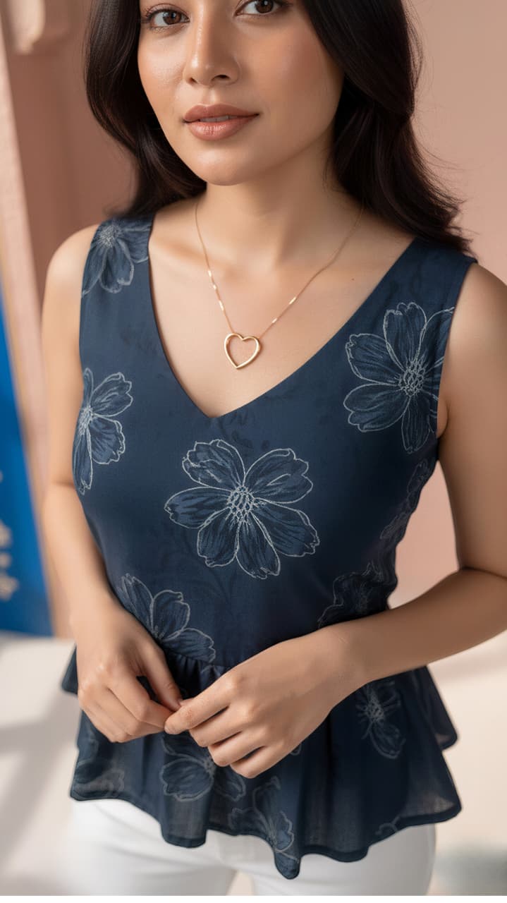 Navy Blue Floral Peplum Kurti – Sleeveless Cotton Comfort