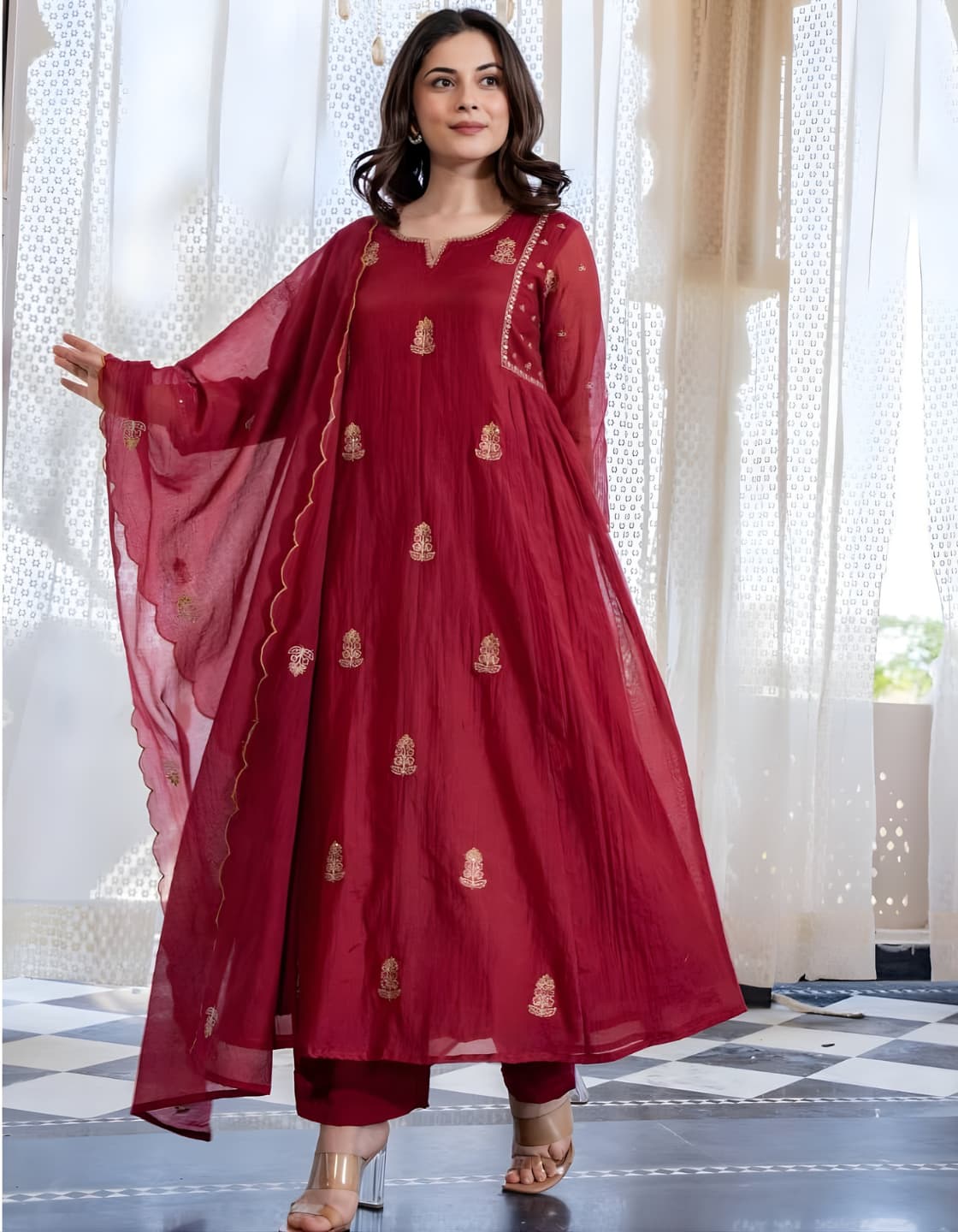 Folkiss Mal-Cotton Embroidered Anarkali Kurti Set — Wine Red · Mustard Gold | Kurti + Pants + Dupatta