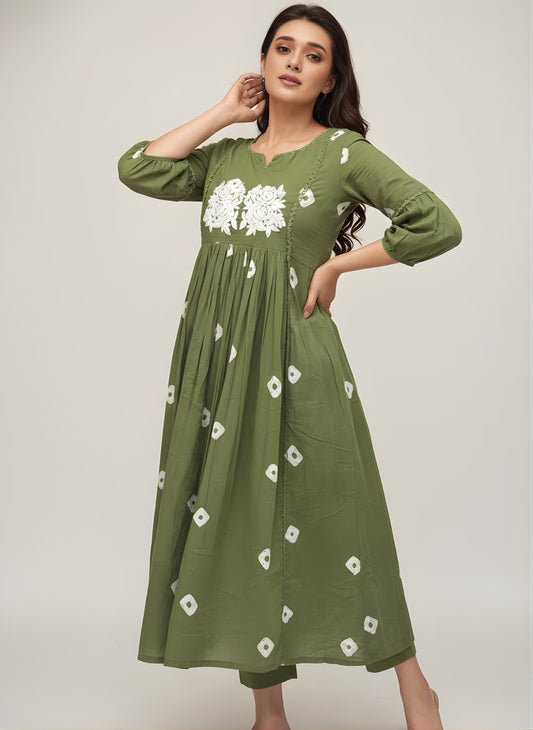 Folkiss Women’s Green Cotton Embroidered A-Line Kurti with Pant | Elegant Floral Work Ethnic Dress for Everyday & Festive Wear