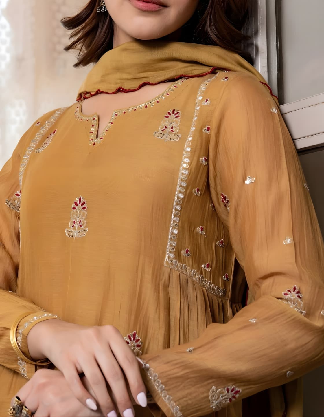 Folkiss Mal-Cotton Embroidered Anarkali Kurti Set — Wine Red · Mustard Gold | Kurti + Pants + Dupatta