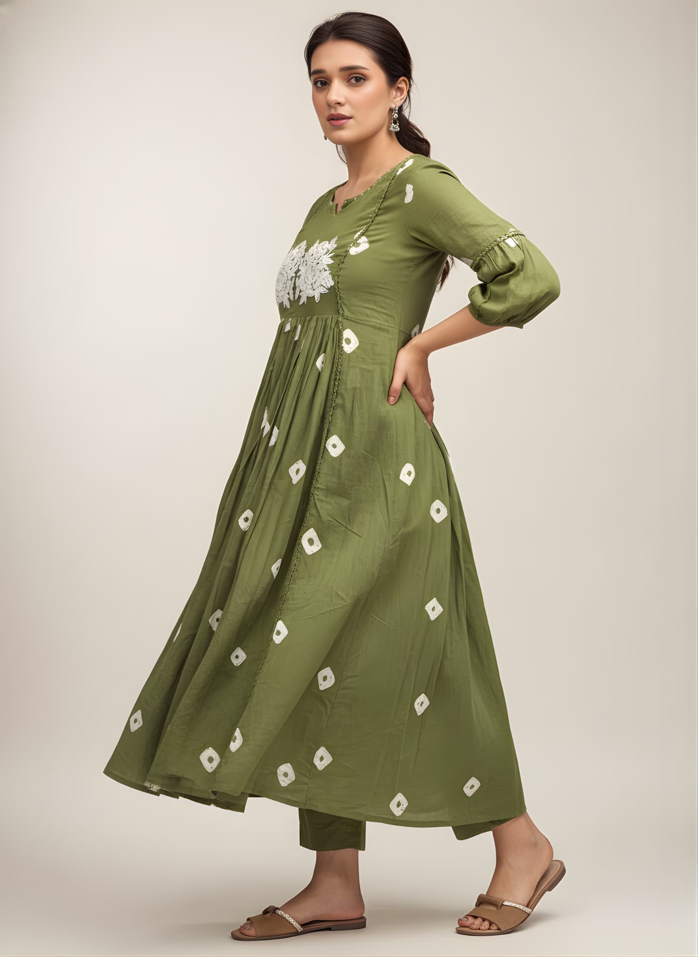 Folkiss Women’s Green Cotton Embroidered A-Line Kurti with Pant | Elegant Floral Work Ethnic Dress for Everyday & Festive Wear