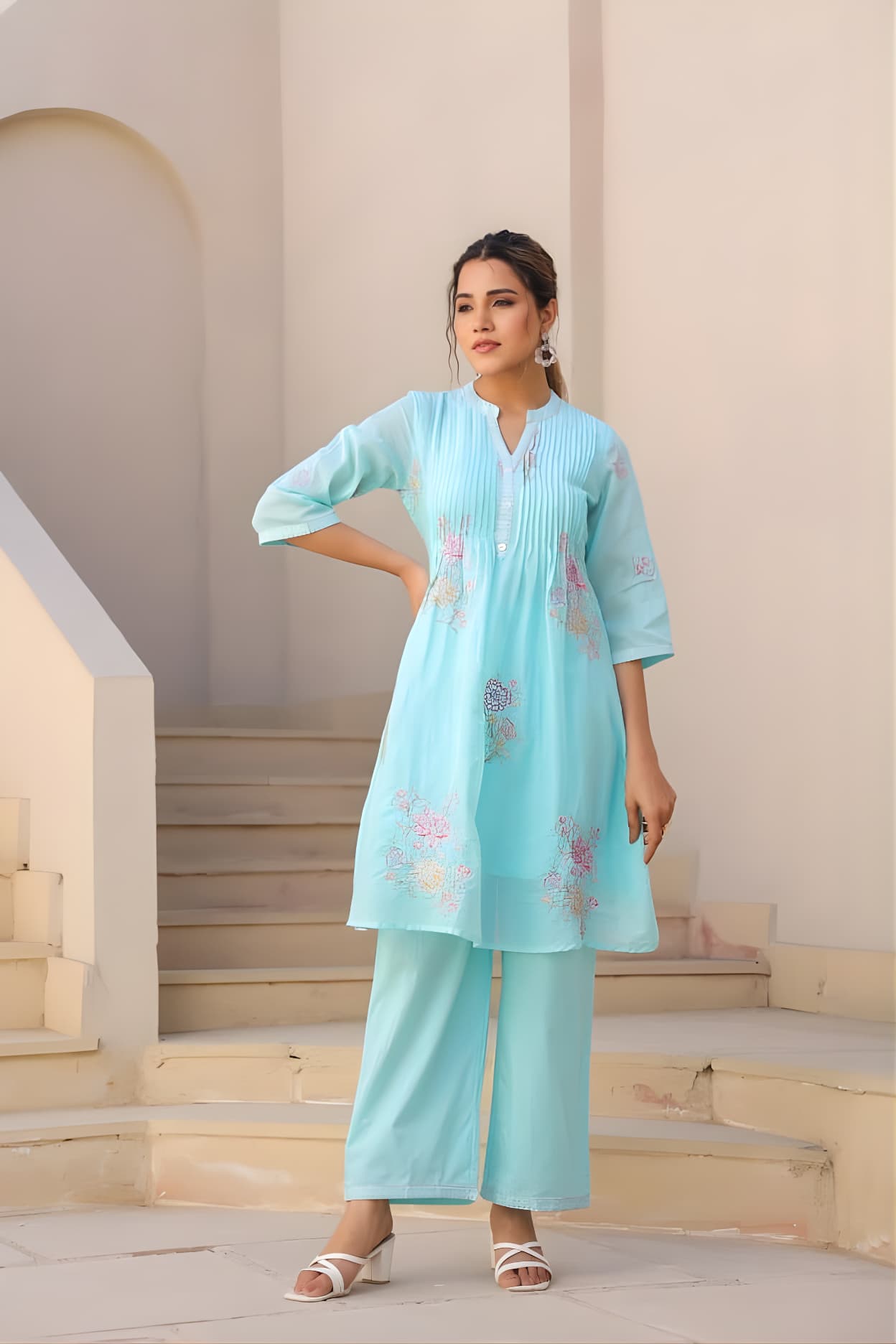 Folkiss Women’s Sky Blue Cotton Floral Printed Layered Front Kurti with Pant | Pin-Tuck Yoke Straight Kurta Set