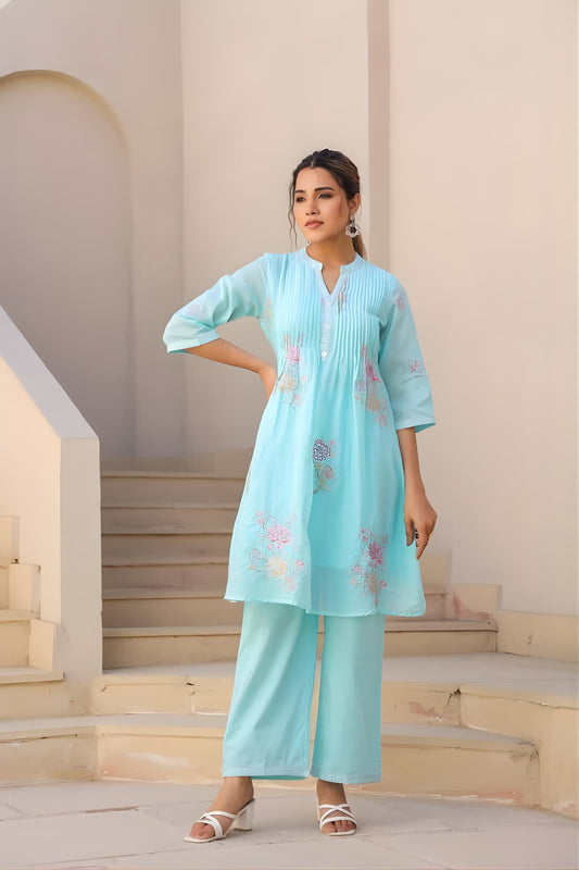 Folkiss Women’s Sky Blue Cotton Floral Printed Layered Front Kurti with Pant | Pin-Tuck Yoke Straight Kurta Set