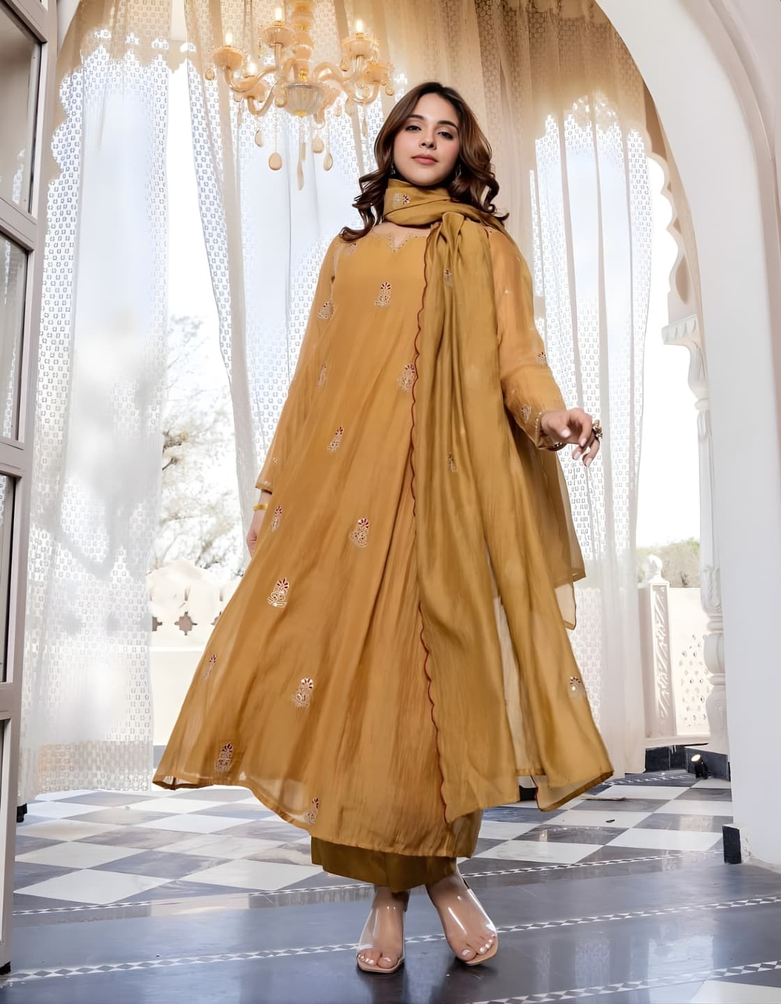 Folkiss Mal-Cotton Embroidered Anarkali Kurti Set — Wine Red · Mustard Gold | Kurti + Pants + Dupatta