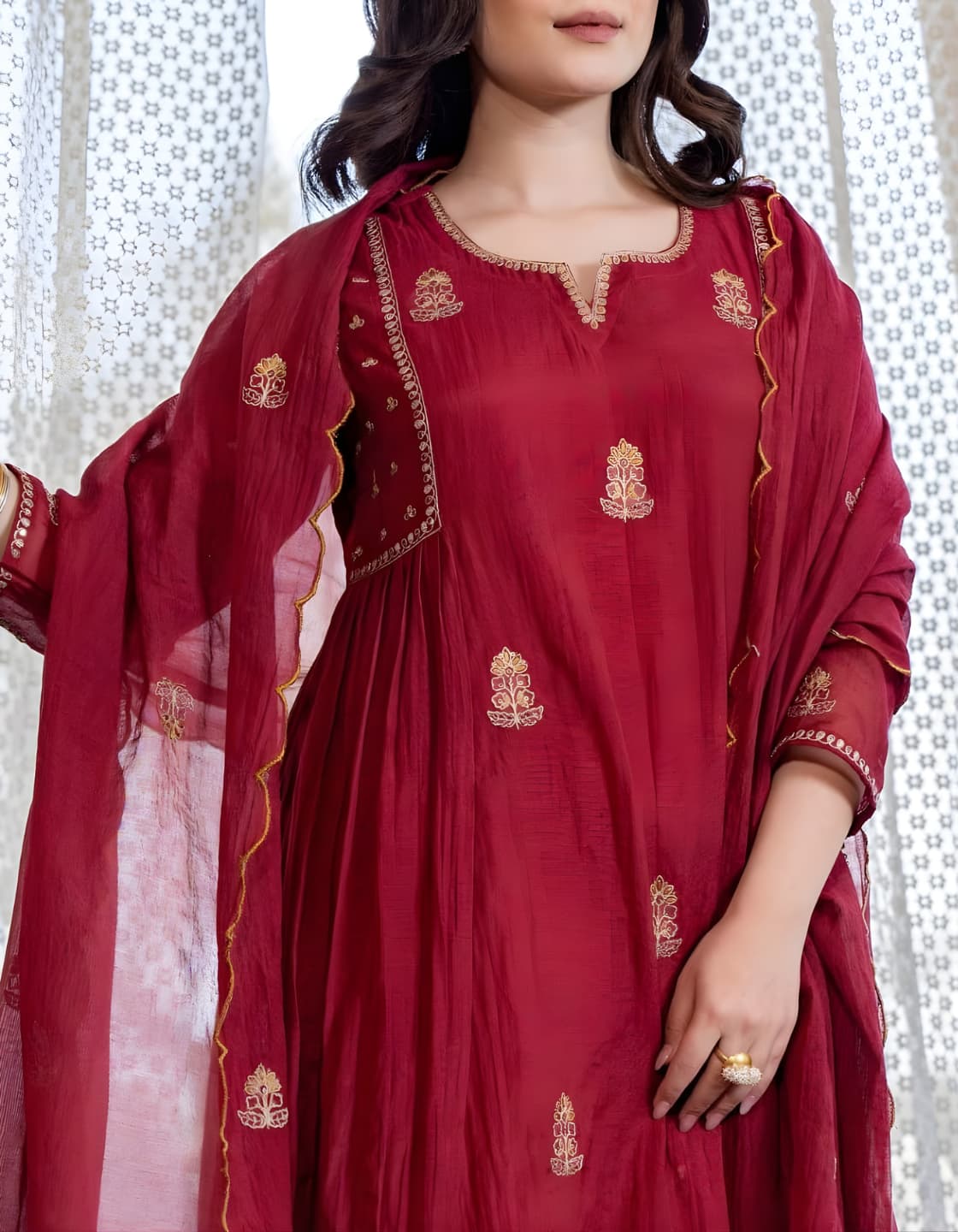 Folkiss Mal-Cotton Embroidered Anarkali Kurti Set — Wine Red · Mustard Gold | Kurti + Pants + Dupatta