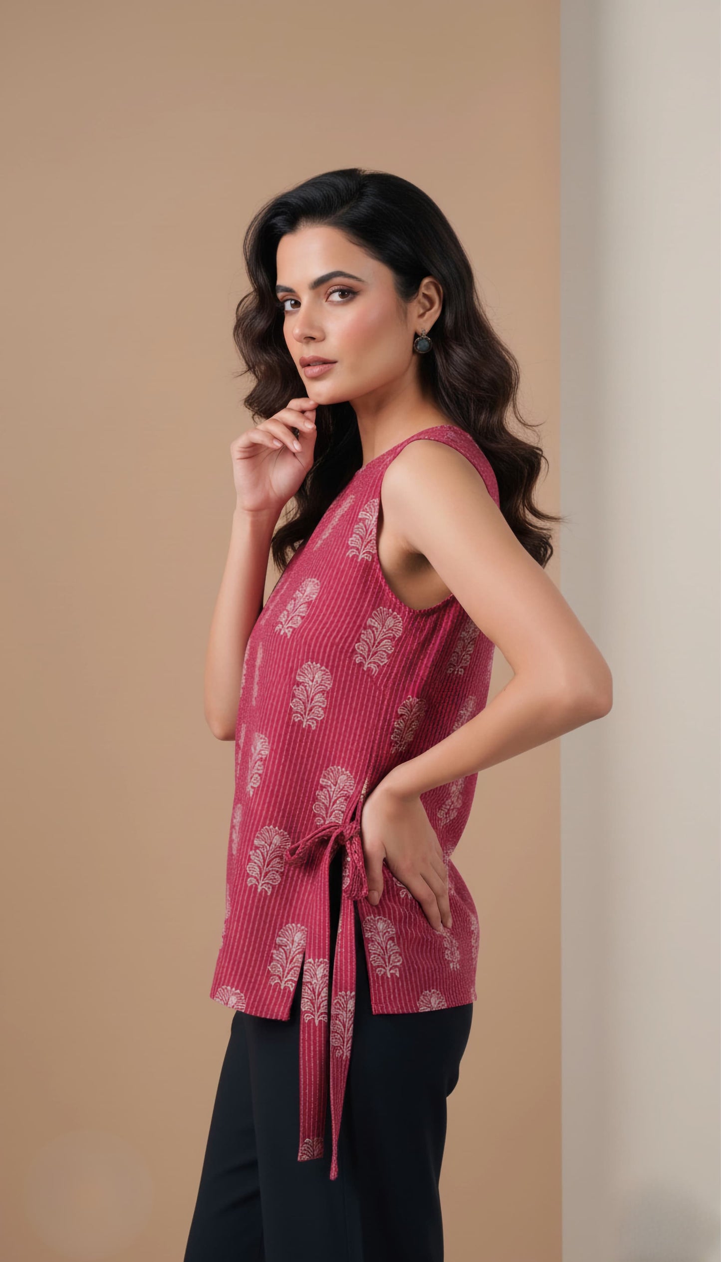 Wine pink Cotton Sleeveless Short Kurti | Folkiss