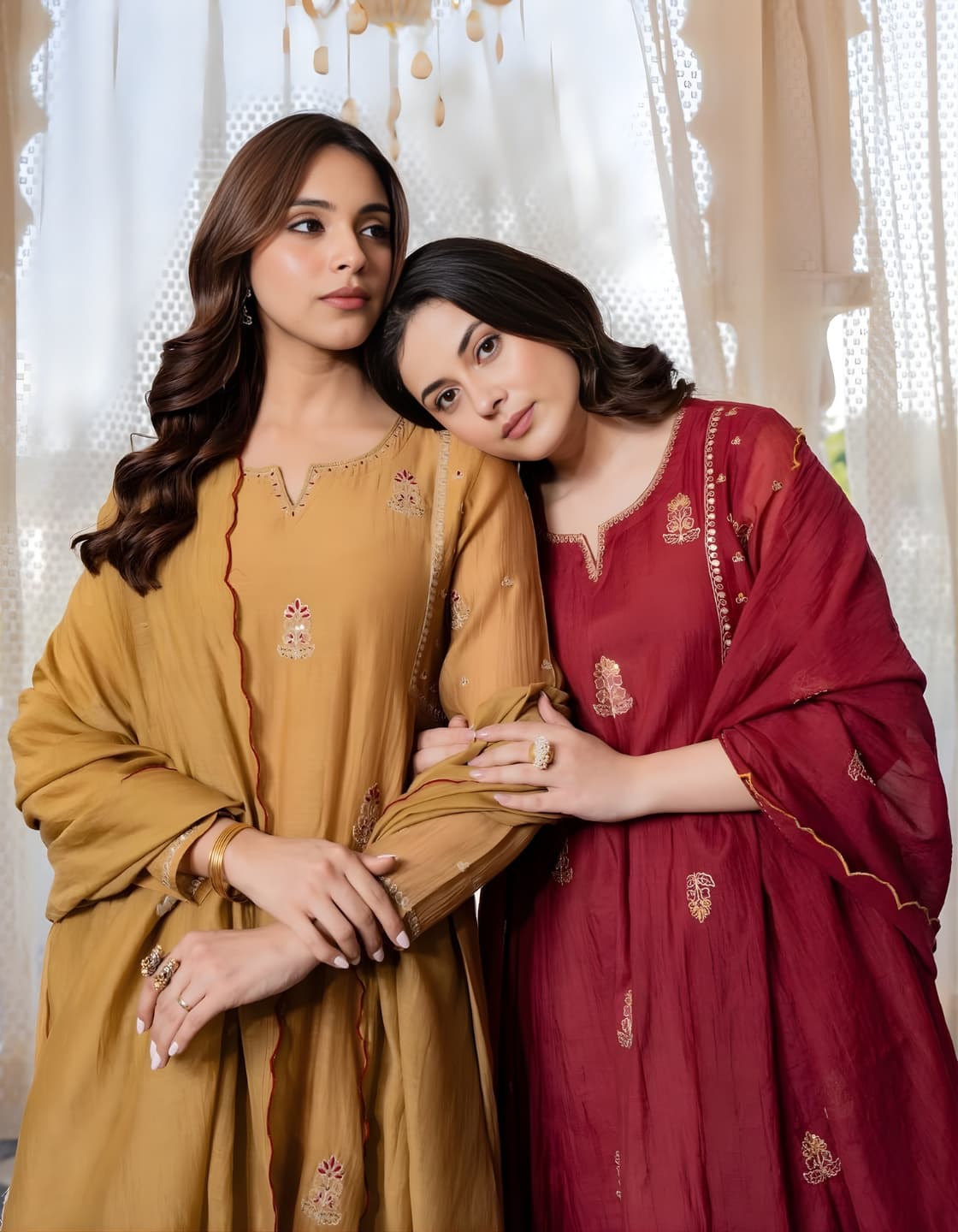 Folkiss Mal-Cotton Embroidered Anarkali Kurti Set — Wine Red · Mustard Gold | Kurti + Pants + Dupatta