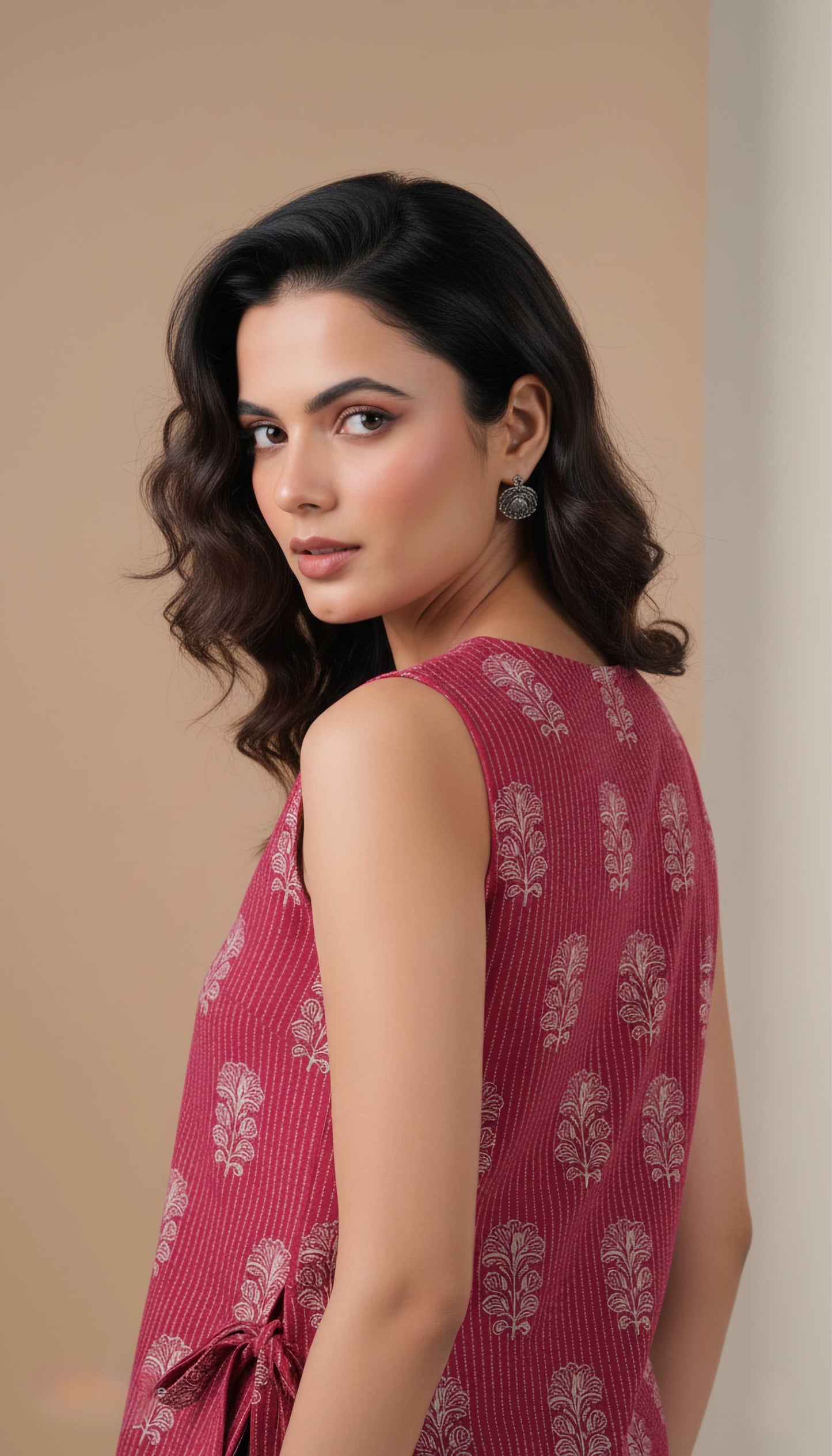Wine pink Cotton Sleeveless Short Kurti | Folkiss