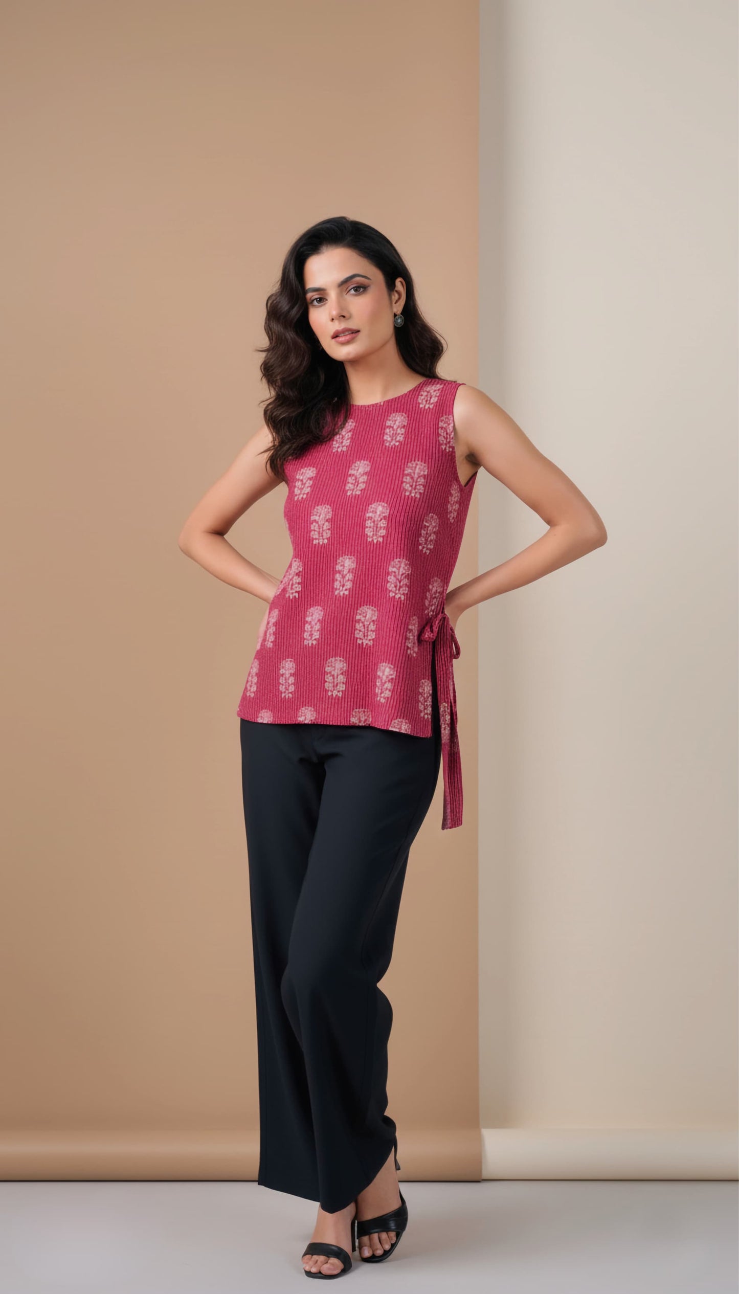 Wine pink Cotton Sleeveless Short Kurti | Folkiss