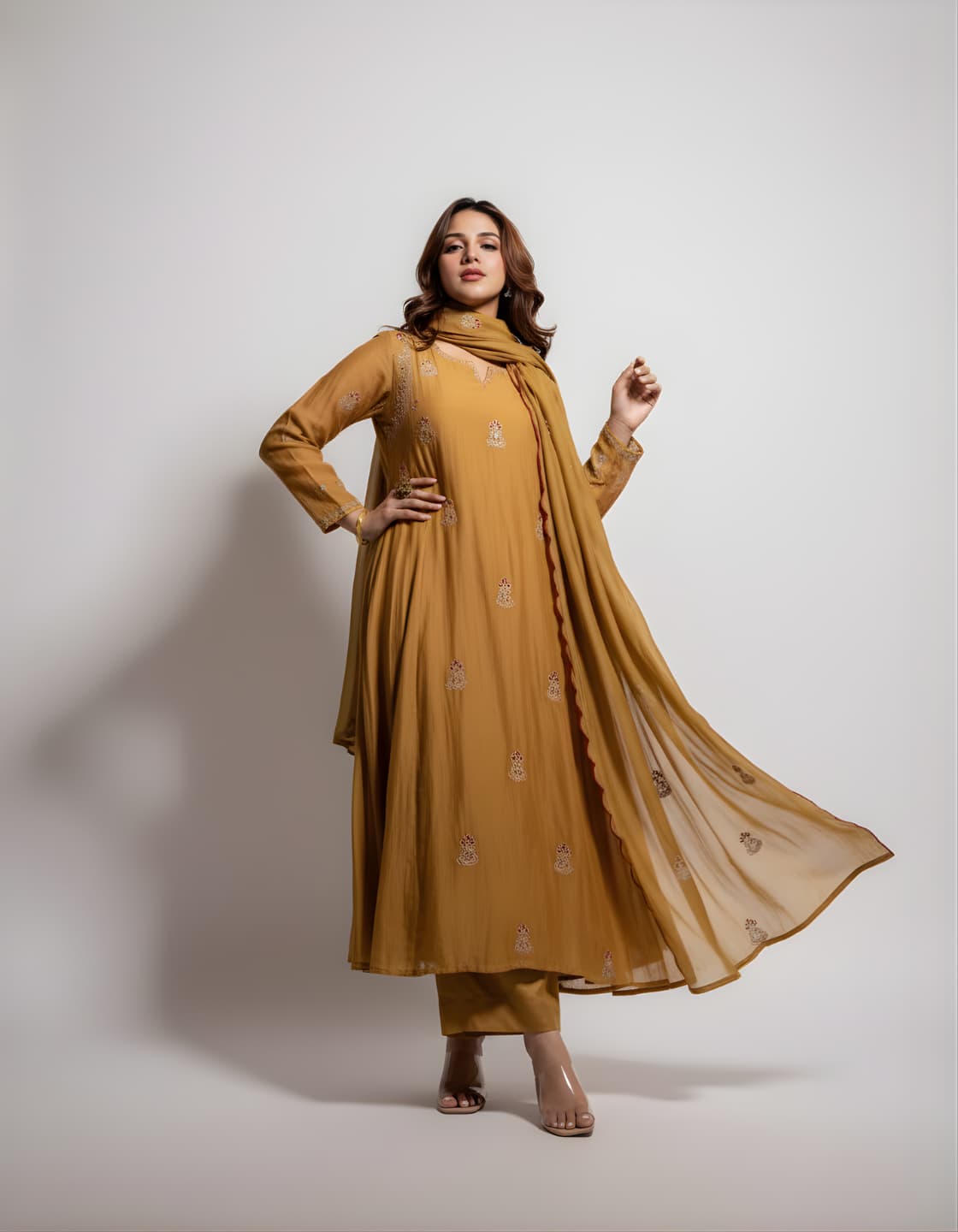 Folkiss Mal-Cotton Embroidered Anarkali Kurti Set — Wine Red · Mustard Gold | Kurti + Pants + Dupatta