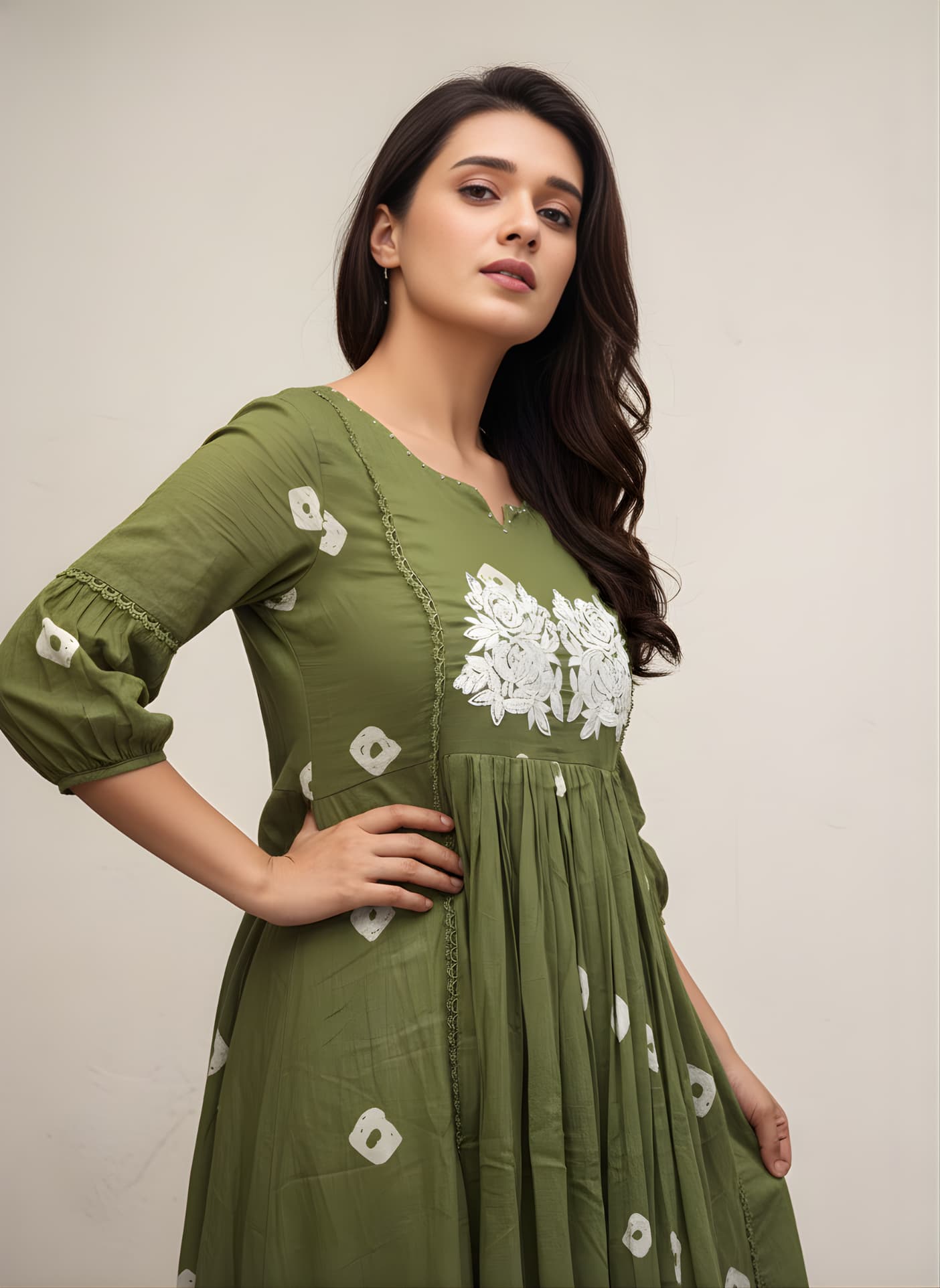 Folkiss Women’s Green Cotton Embroidered A-Line Kurti with Pant | Elegant Floral Work Ethnic Dress for Everyday & Festive Wear