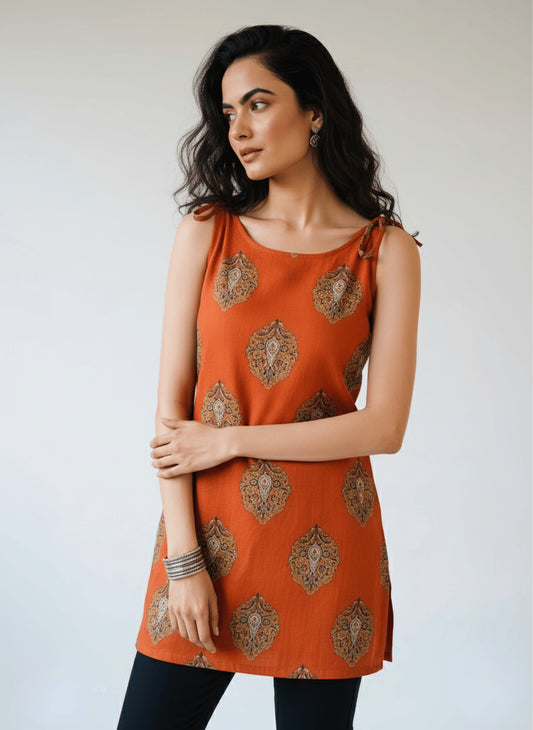 Rust Orange Block Print Sleeveless Cotton Kurti –  Casual Ethnic Wear