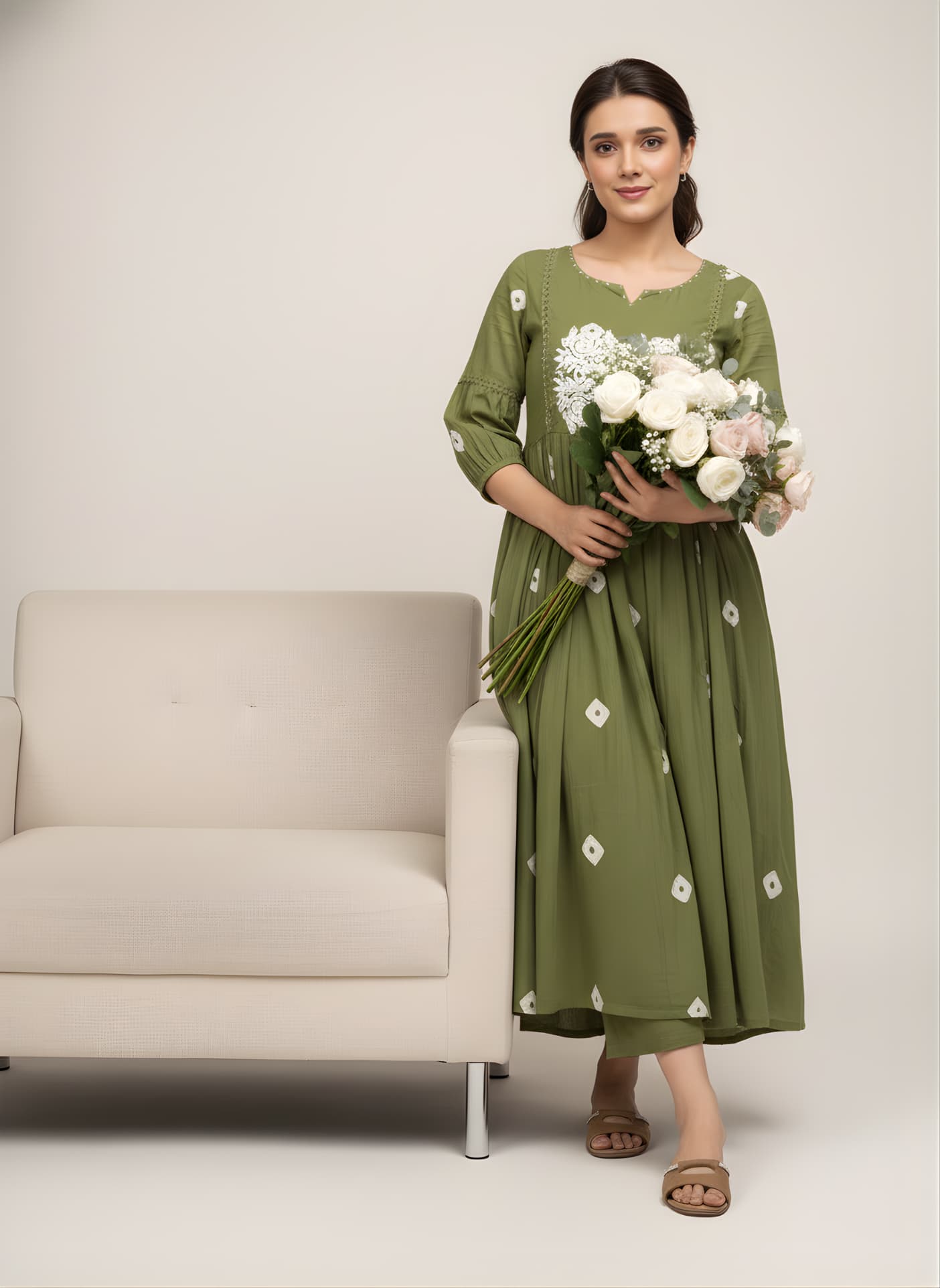 Folkiss Women’s Green Cotton Embroidered A-Line Kurti with Pant | Elegant Floral Work Ethnic Dress for Everyday & Festive Wear