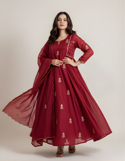 Folkiss Mal-Cotton Embroidered Anarkali Kurti Set — Wine Red · Mustard Gold | Kurti + Pants + Dupatta