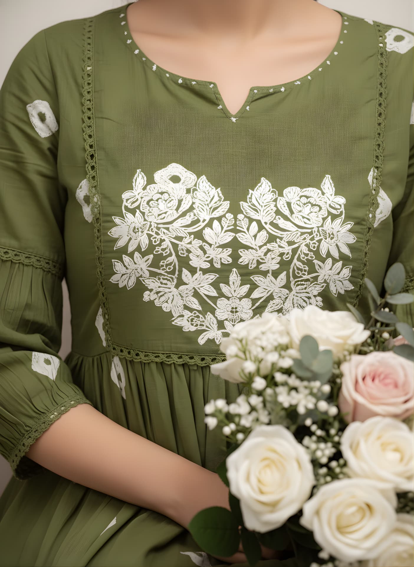 Folkiss Women’s Green Cotton Embroidered A-Line Kurti with Pant | Elegant Floral Work Ethnic Dress for Everyday & Festive Wear