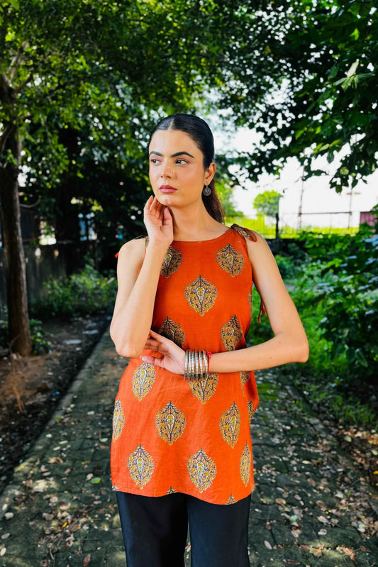 Rust Orange Block Print Sleeveless Cotton Kurti – Casual Ethnic Wear - Folkiss