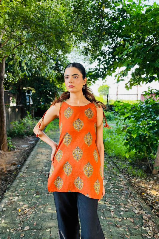 Rust Orange Block Print Sleeveless Cotton Kurti – Casual Ethnic Wear - Folkiss