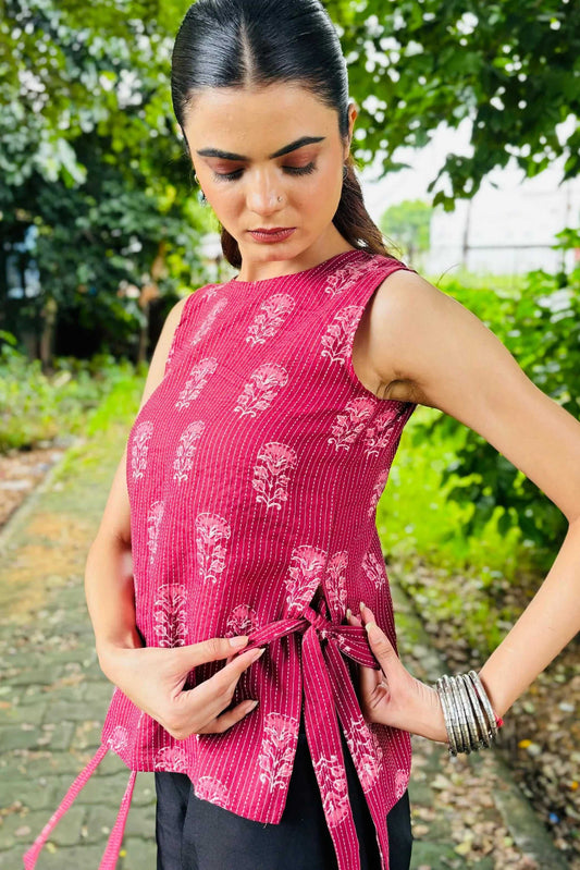 Wine pink Cotton Sleeveless Short Kurti | Folkiss - Folkiss