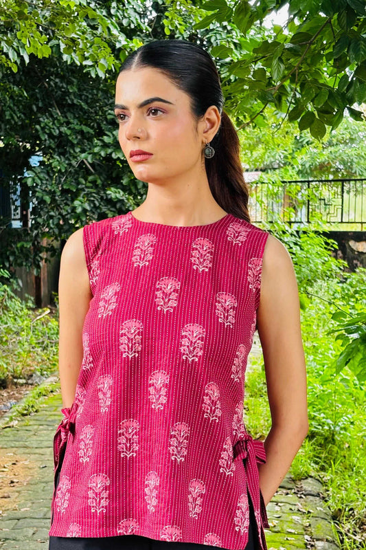 Wine pink Cotton Sleeveless Short Kurti | Folkiss - Folkiss