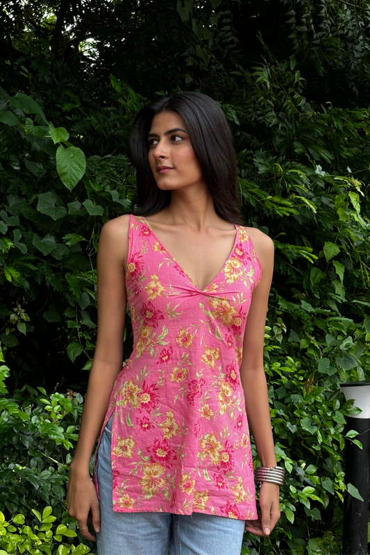 Folkiss Pink Floral Short Kurti / Tunic Top with V-Neck & Lace-Up Back | Sleeveless Cotton - Folkiss