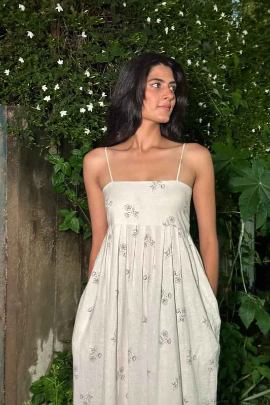 Folkiss Off-White Cotton Dress with Floral Print & Handy Side Pockets | Monsoon-Ready Indo-Fusion Wear - Folkiss