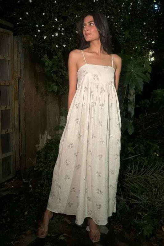 Folkiss Off-White Cotton Dress with Floral Print & Handy Side Pockets | Monsoon-Ready Indo-Fusion Wear - Folkiss