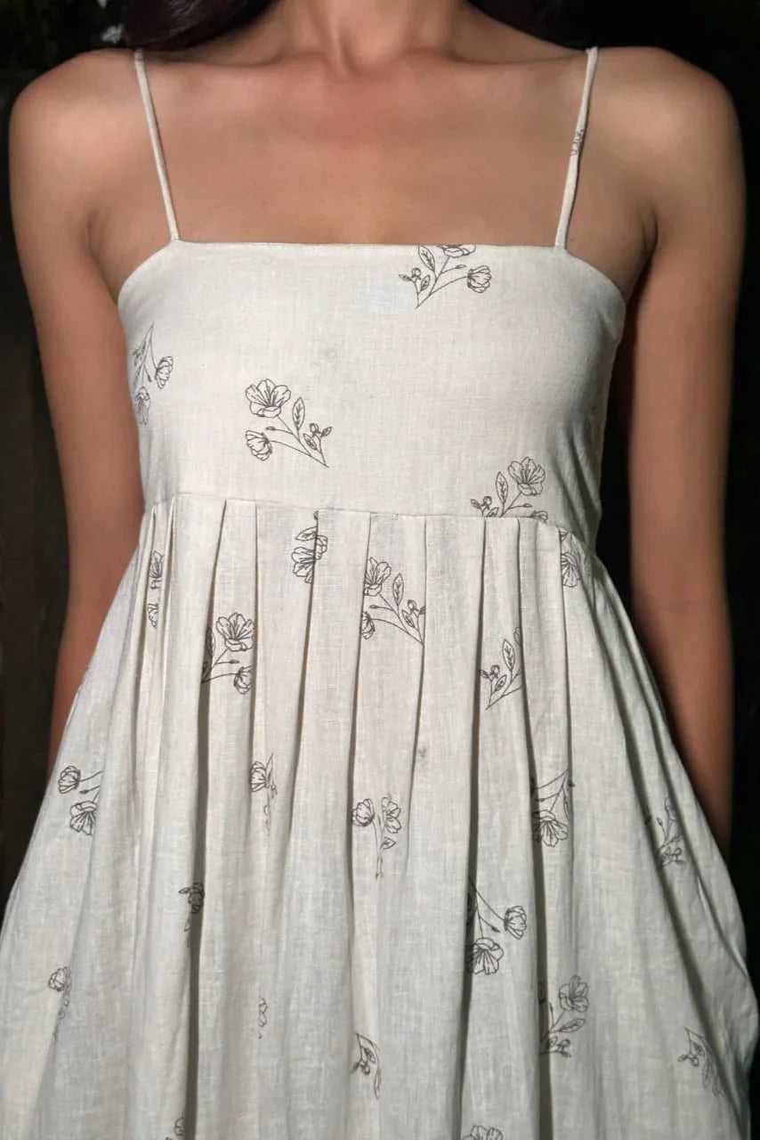 Folkiss Off-White Cotton Dress with Floral Print & Handy Side Pockets | Monsoon-Ready Indo-Fusion Wear - Folkiss